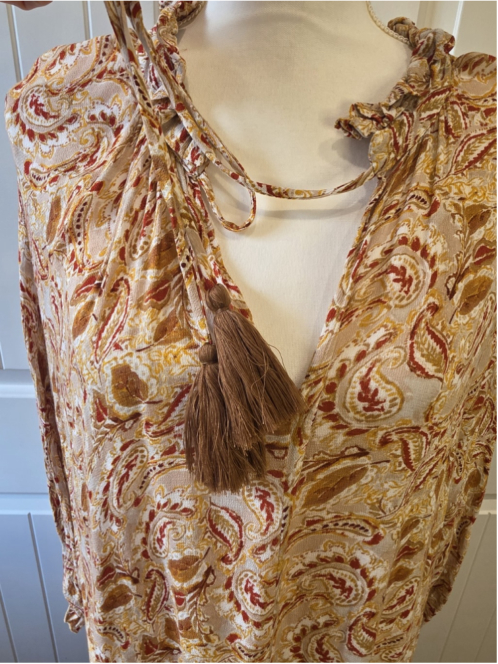 Aura Paisley Boho Maxi Dress Size M Ruffle Neck Tassel Tie Long Sleeve Boho - Picture 7 of 10